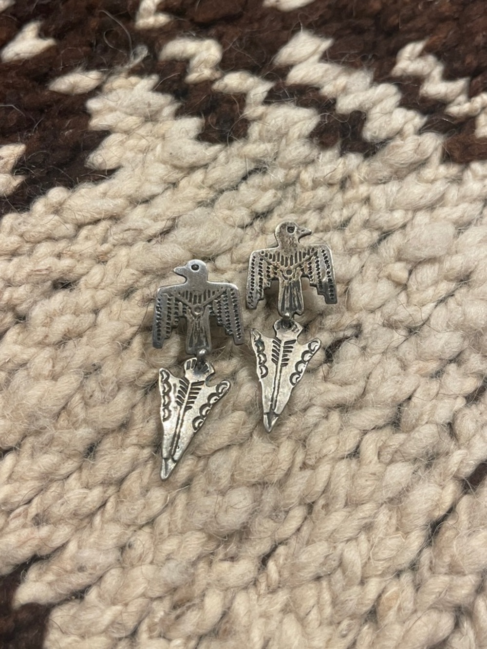 Vintage Sterling Silver Navajo Thunderbird and Arrowhead Drop Earrings